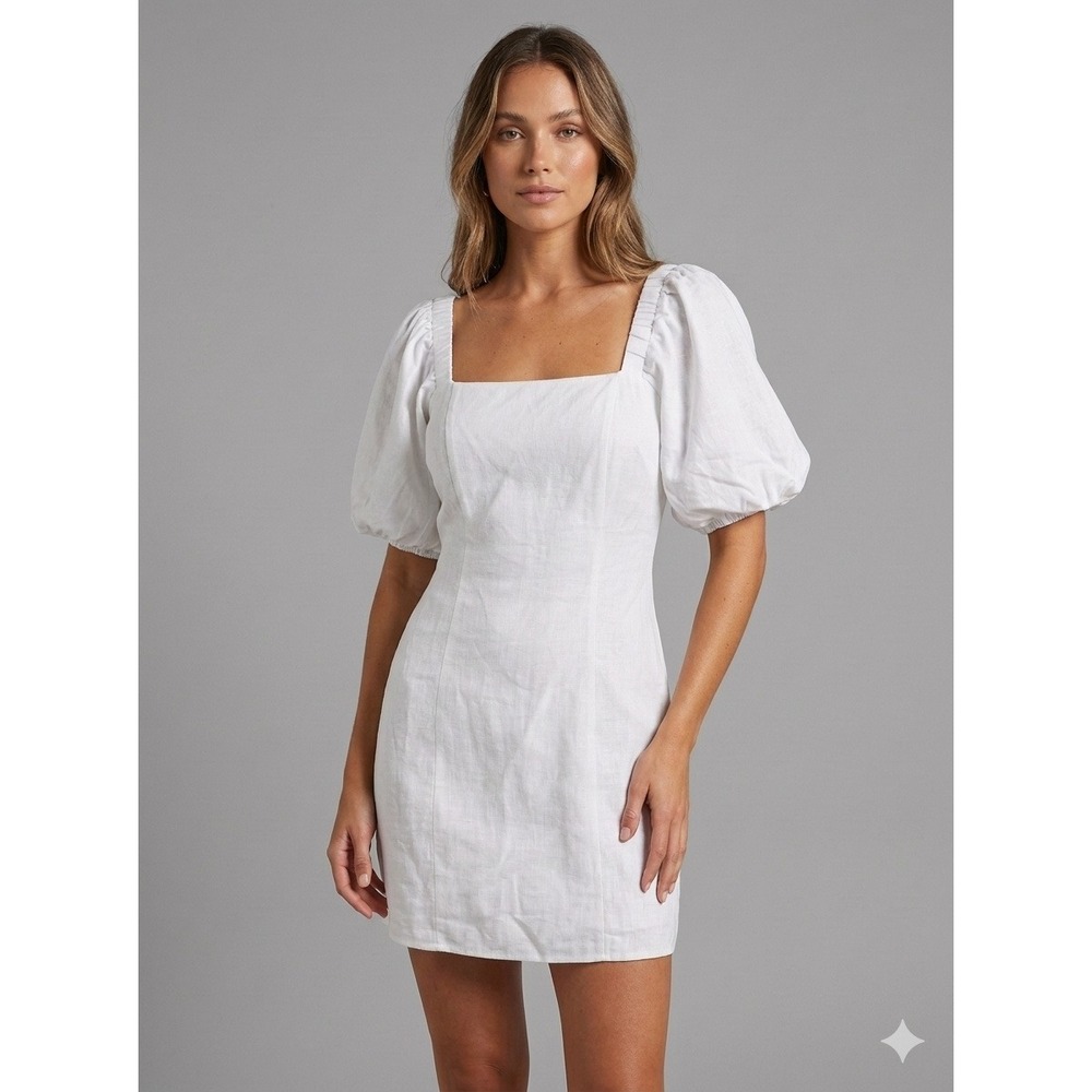 SNDYS X Revolve Tuscany Puff Sleeve White Cotton Mini Dress M Sundays NEW